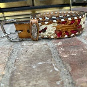Tony Lama Kona Kut Leather Belt 38 Tooled Western Red Inlay Vintage USA